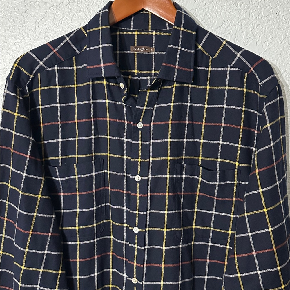 J. McLaughlin Drummond Men Navy Plaid Flannel‎ Long Sleeve Button Down Shirt L